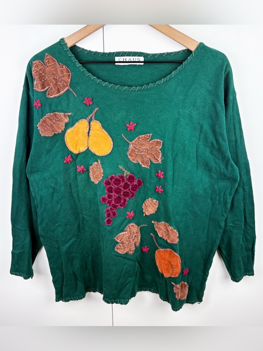 Vintage Autumn Fall Leaves Fruit Embroidered Applique Long Sleeve Tee Shirt Top
